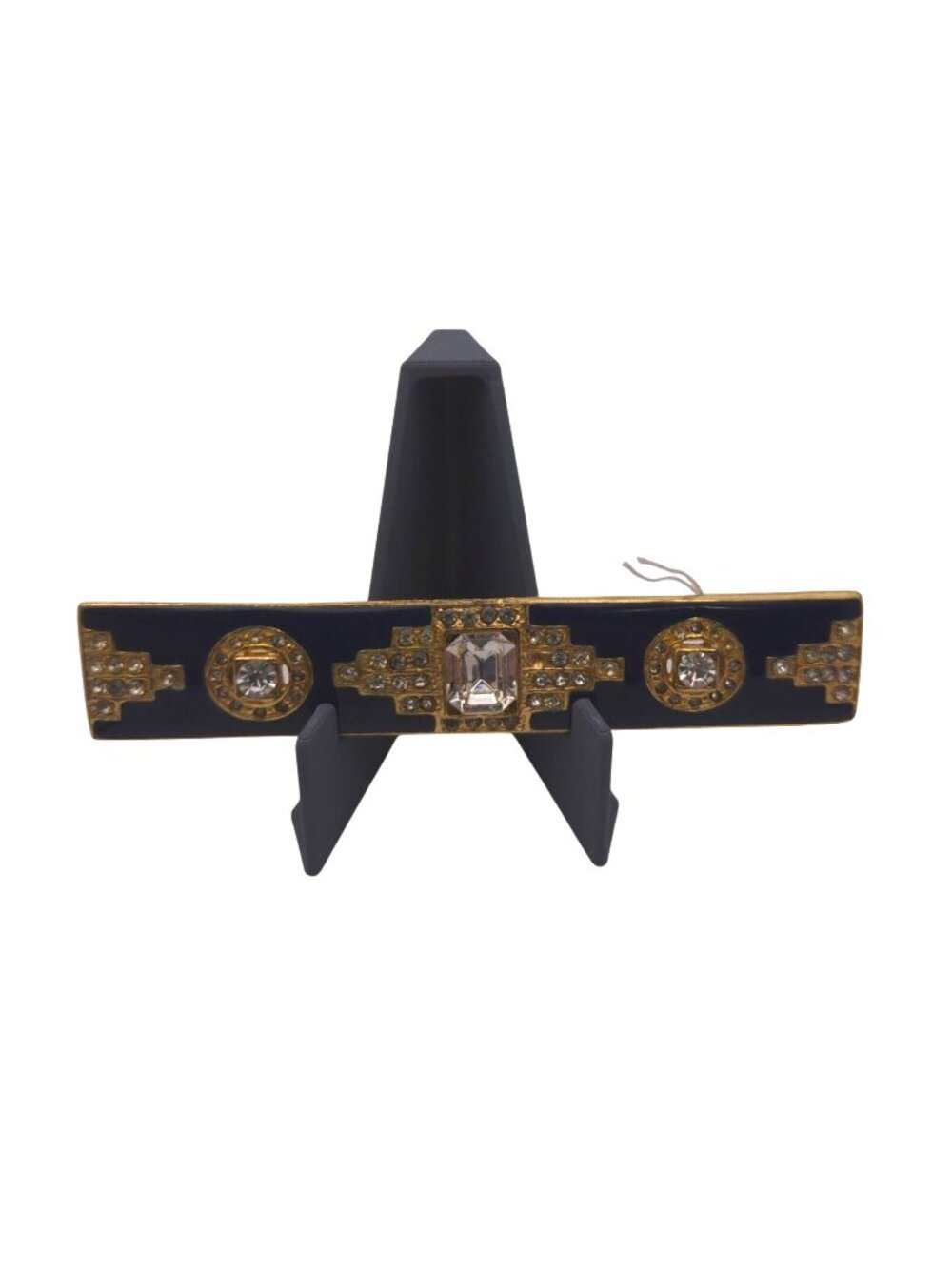Art Deco Gold-Tone Black Enamel Bar Brooch W Crystal Rhinestone Accents Vintage